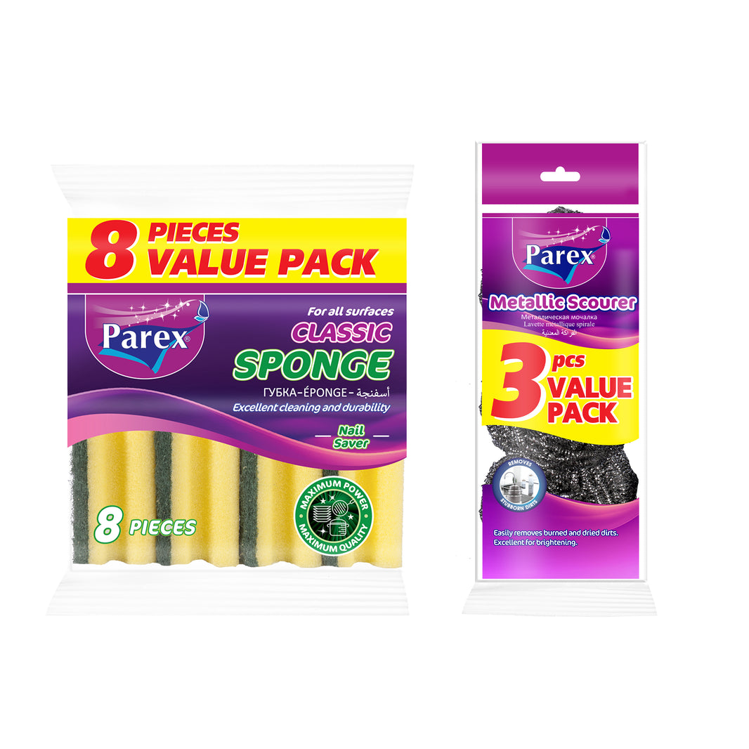 باريكس اسفنج أخضر 8 قطع و سكواحة ميتاليك 3 قطع