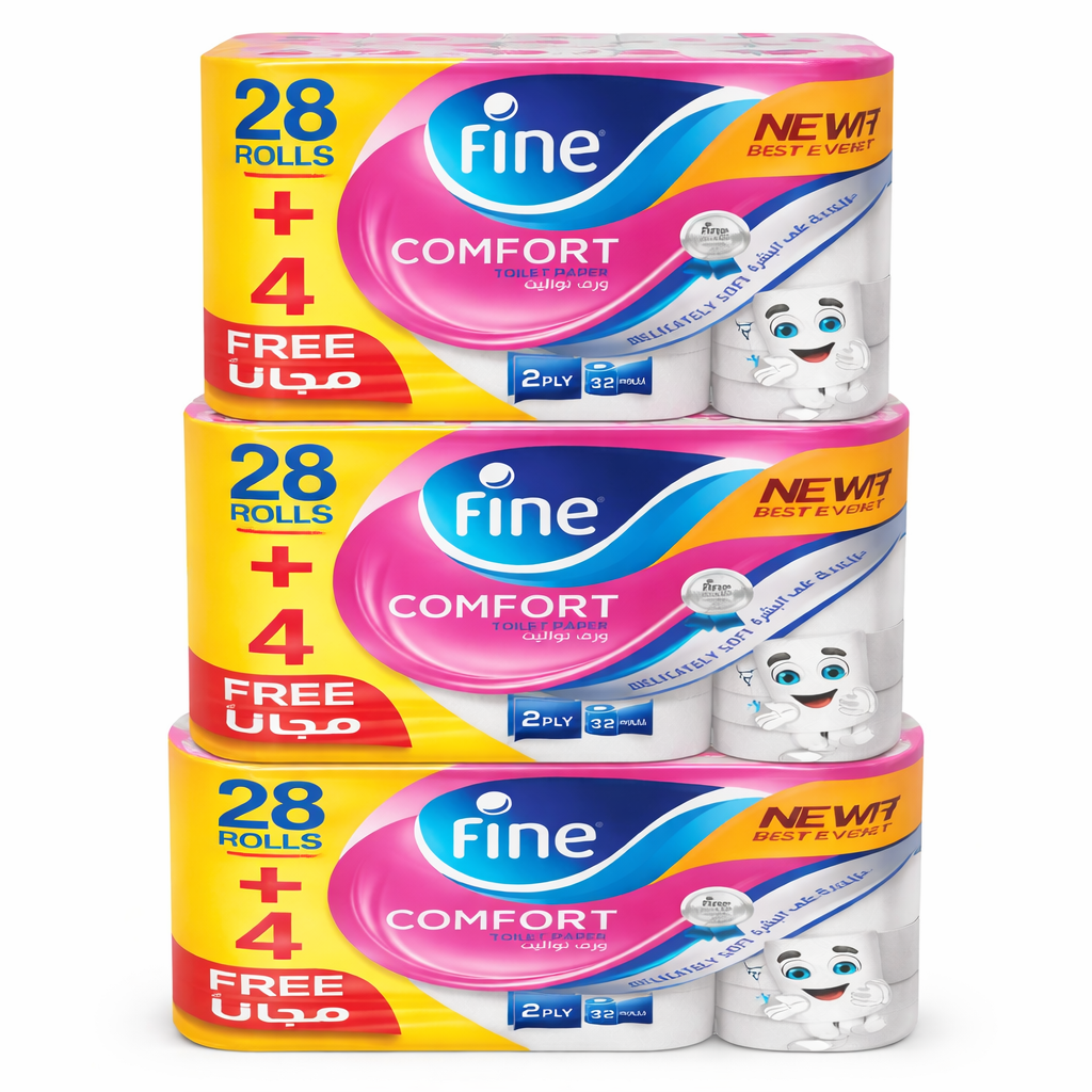 Fine Tissue Toilet Rolled Deluxe 140x3 Ply 32 Rolls (Pack of 3 - Total 96 rolls)