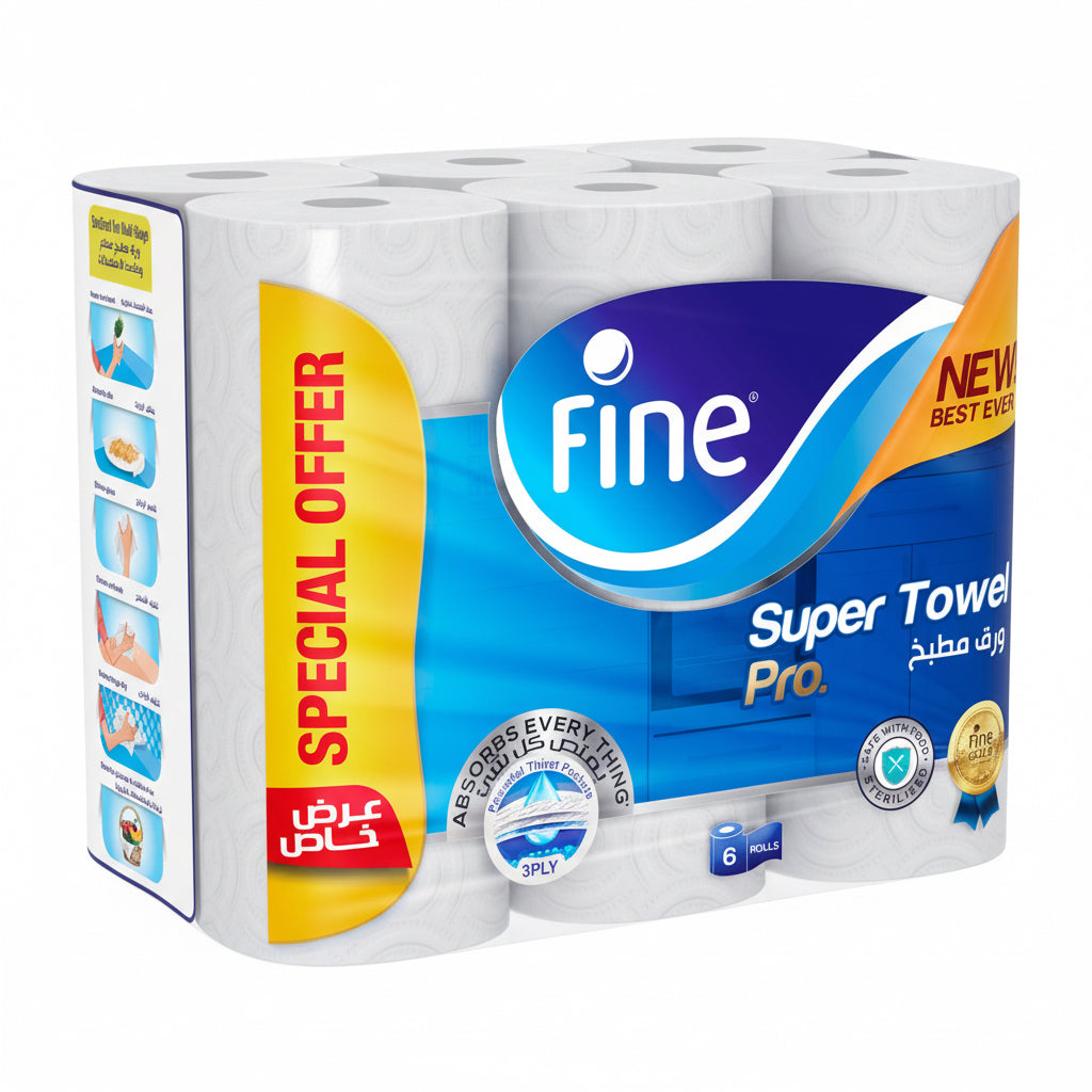 Fine Kitchen Towel Super Pro 60 Sheets 3 Ply 6 Rolls - Total 36 Rolls