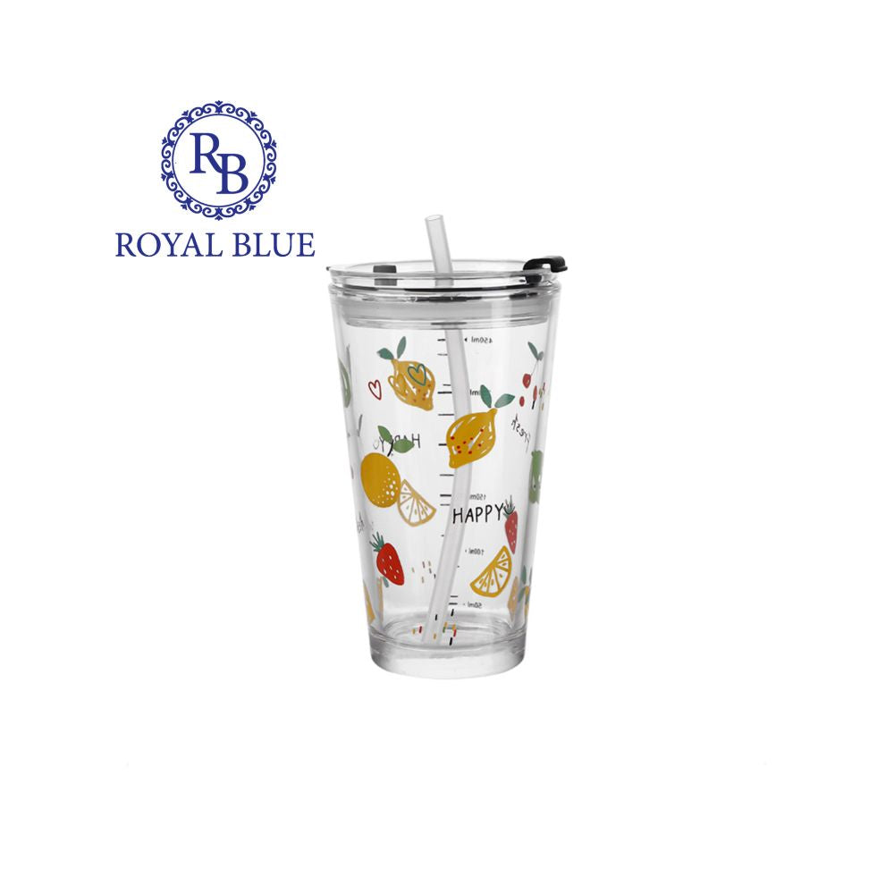 Royal Blue Glass Cup With Straw 440 ml (Pack of 2)