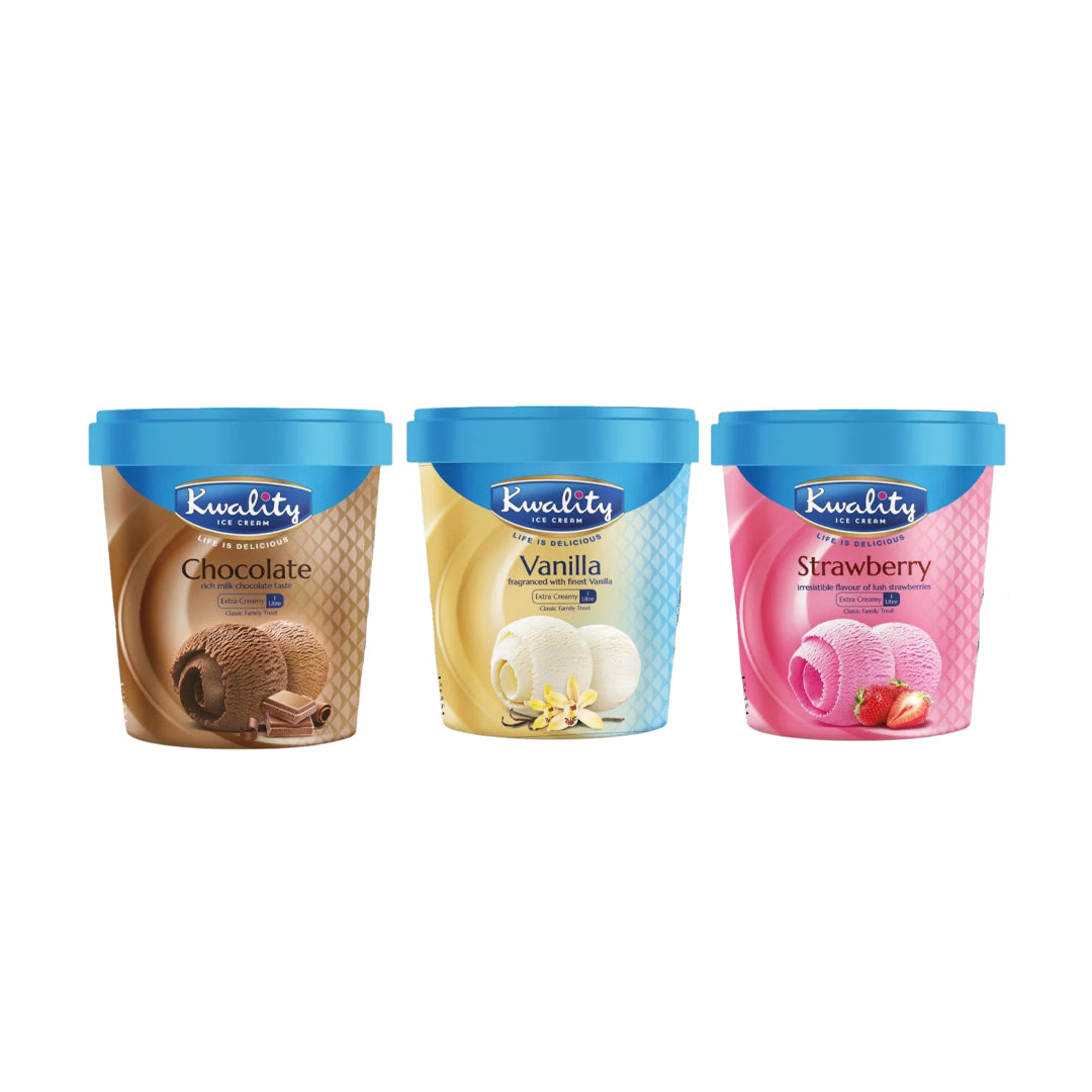 Kwality Ice Cream Variety Pack (1Ltr Vanilla + 1Ltr Strawberry + 1Ltr