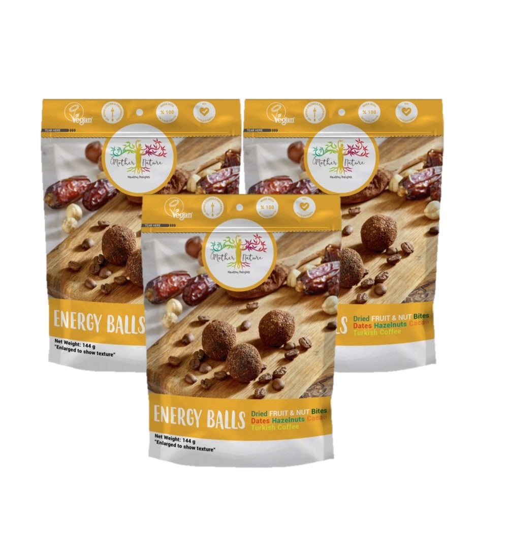 ماذر نيتشر كرات الطاقة بالتمر والبندق والكاكاو والقهوة التركية 144 جرام - (عبوة من 3 قطع)