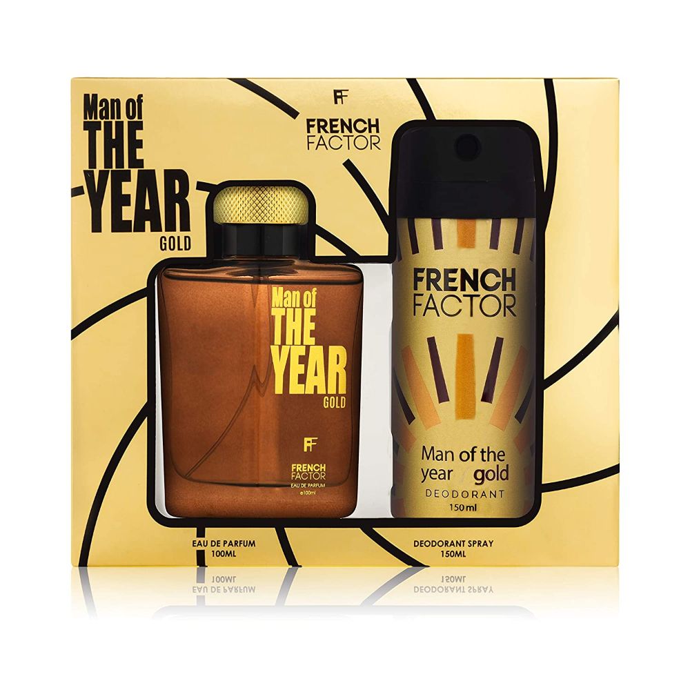 The French Factor Man Of The Year Premium Gift Set For Men Eau De Perfume 100Ml + Deodorant 150Ml (Gold) - (Pack of 3) - Billjumla.com