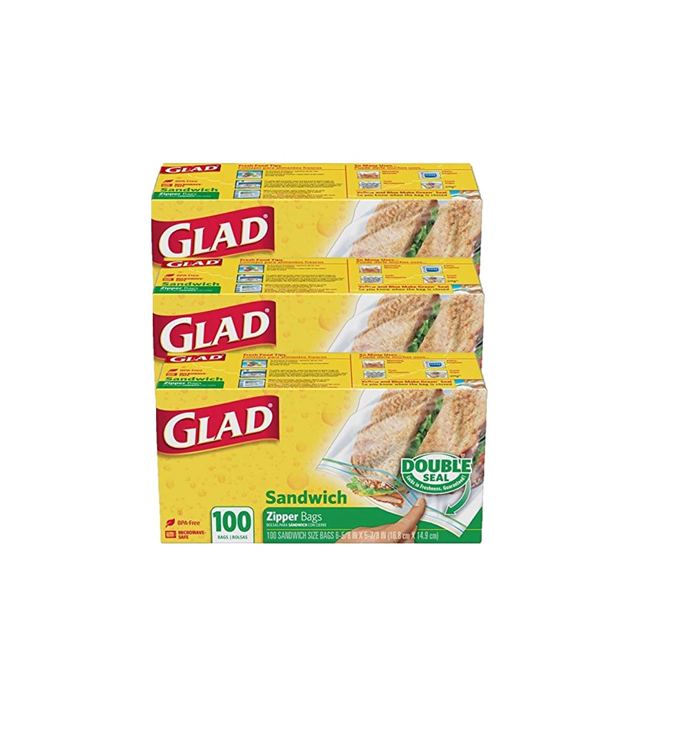 Glad Zipper Food Storage Sandwich Bags Size 14.4cm x 16.5cm 100pcs. - (Pack of 3)