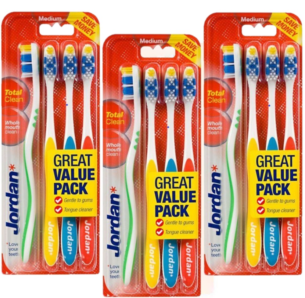 فرشاة أسنان جوردن تنظيف شامل متوسط - عبوة من 4 مجموع 3 عبوات