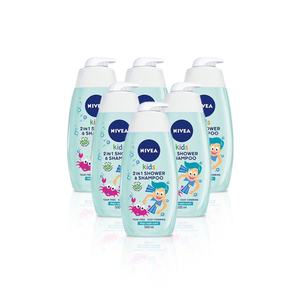جل استحمام و شامبو 2 في 1 برائحة التفاح السحرية 500 مل من نيفيا للاطفال (مجموعة من 6 عبوات)