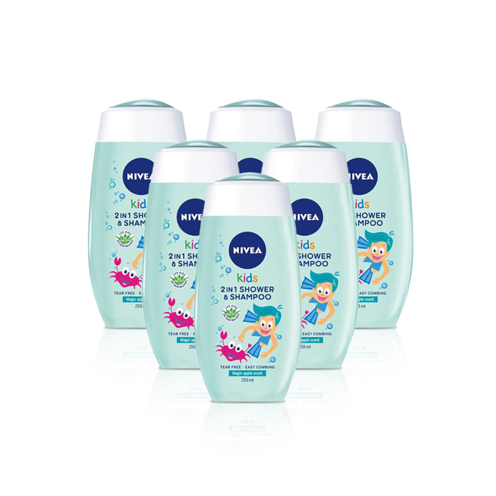 جل استحمام و شامبو 2 في 1 برائحة التفاح السحرية 250 مل من نيفيا للاطفال (مجموعة من 6 عبوات)