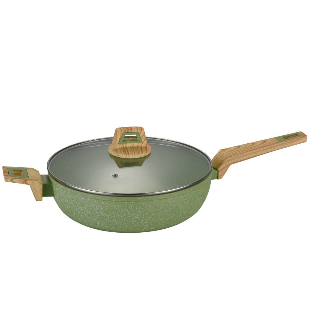 Olive Stone 11-Inch Non-Stick Coated Forged Aluminum Induction Friendly Round Saute Pan with Glass Lid - Avocado Green 28 CM - (Pack Of 2) - Billjumla.com