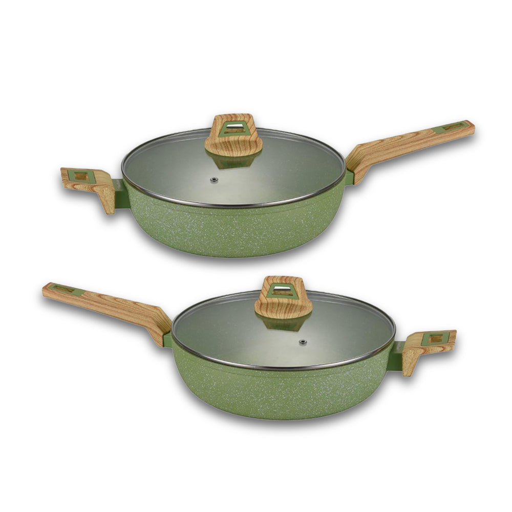 Olive Stone 11-Inch Non-Stick Coated Forged Aluminum Induction Friendly Round Saute Pan with Glass Lid - Avocado Green 28 CM - (Pack Of 2)