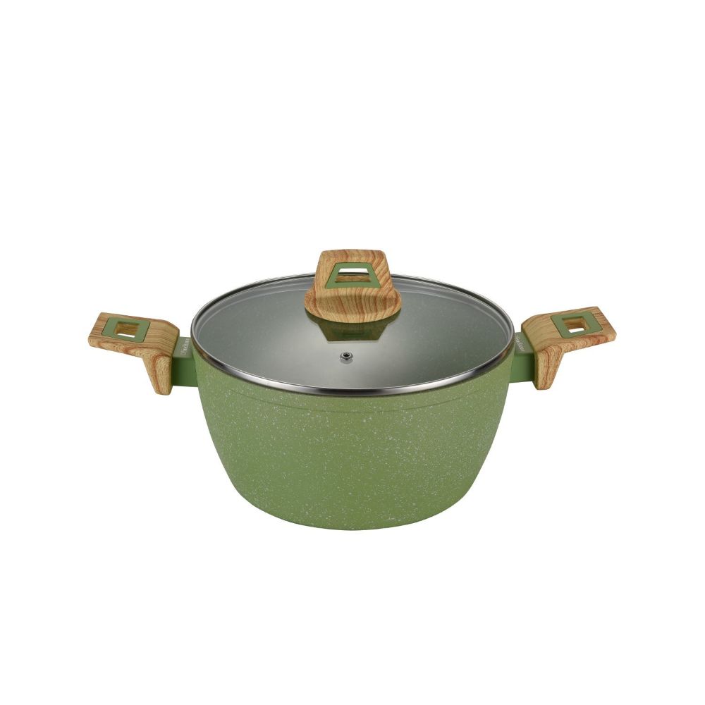 Olive Stone Non-Stick Coated Forged Aluminum Induction Friendly Round Casserole Pan with Glass Lid - Avocado Green 28 CM - (Pack Of 2) - Billjumla.com