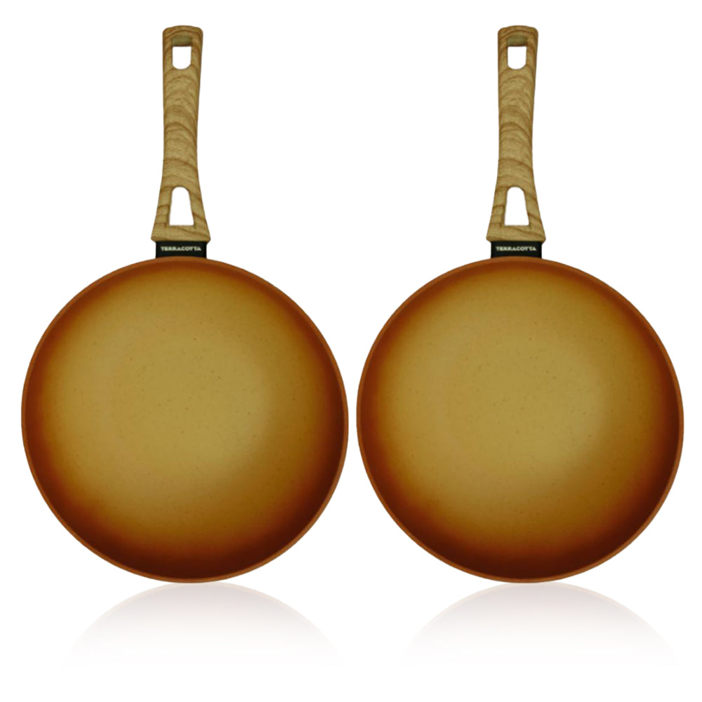 Terracotta Non-Stick Coated Forged Aluminum Induction Friendly Round Fry Pan - Orange 28 CM - (Pack Of 2)