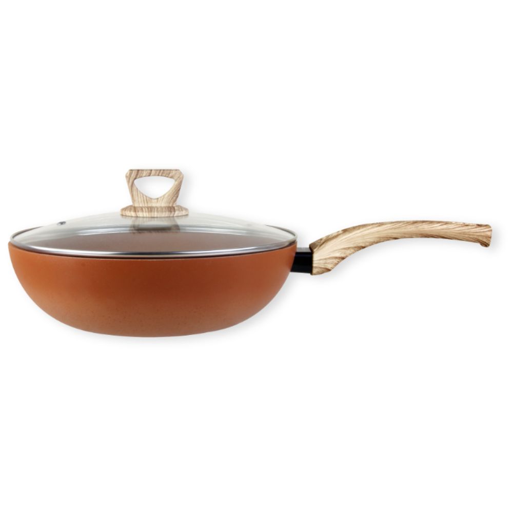 Terracotta Non-Stick Coated Forged Aluminum Induction Friendly Round Wok with Glass Lid - Orange 28 CM - (Pack Of 2) - Billjumla.com