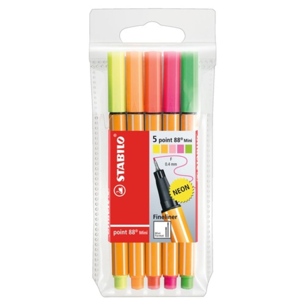 STABILO point 88 Mini fine liner neon - wallet of 5 neon colours (pack of 3) - Billjumla.com