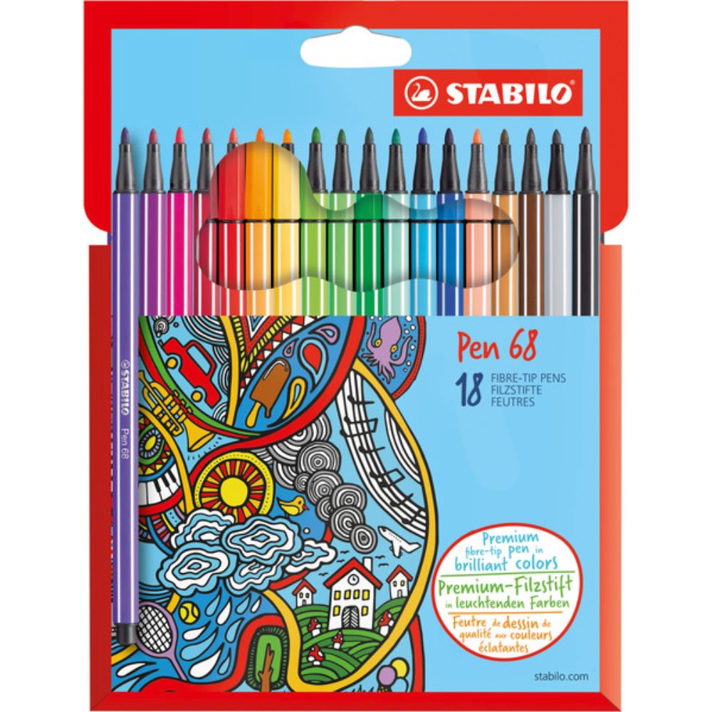 STABILO Pen 68 premium fibre-tip pen cardboard wallet of 18 colours (pack of 3) - Billjumla.com