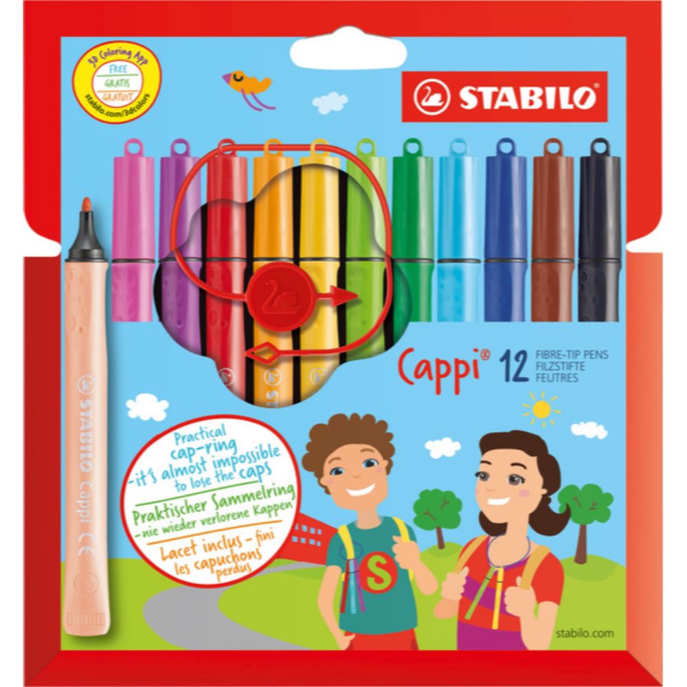 STABILO Cappi fibre-tip pen with cap-ring cardboard wallet of 12 colours (pack of 3) - Billjumla.com