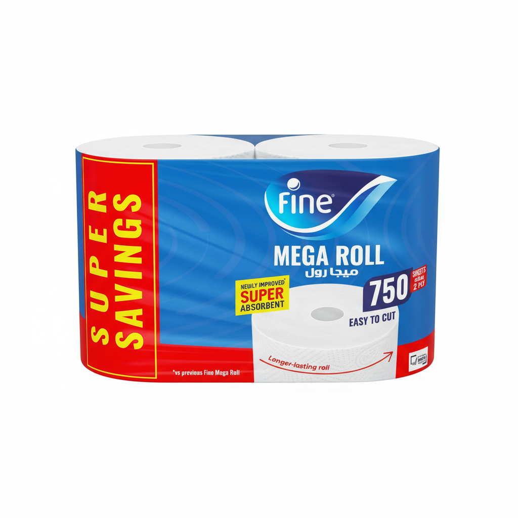 Fine Mega Household Roll 750SHEETS 2PLY (Total 2 Rolls)