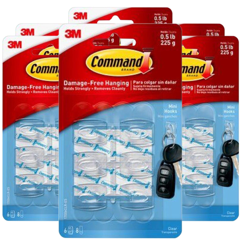 3M Command Mini Clear Hooks With Clear Strips  - (Pack of 6)