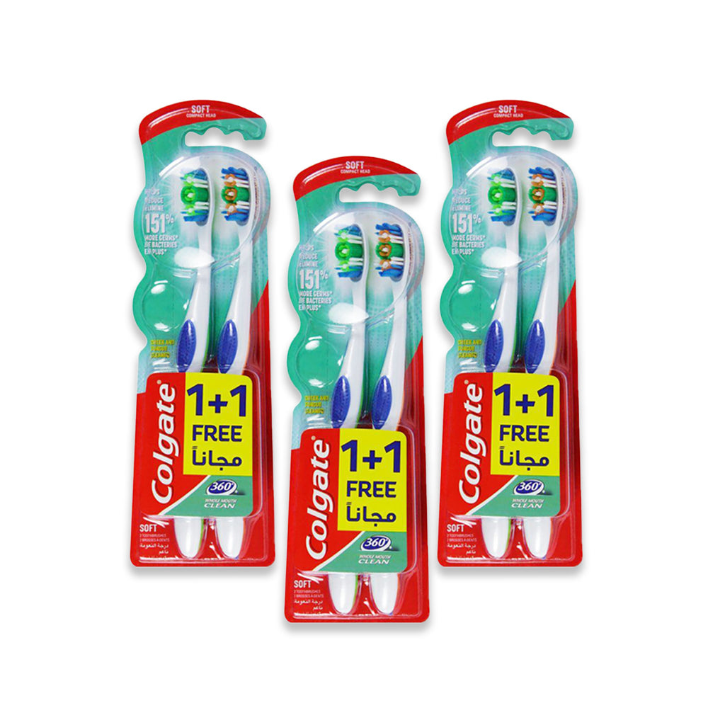 فرشاة أسنان كولجيت 360 درجة لتنظيف الفم بالكامل بشعيرات متوسطة (اشتري واحدة واحصل على الأخرى مجانًا) - عبوة من 3 قطع