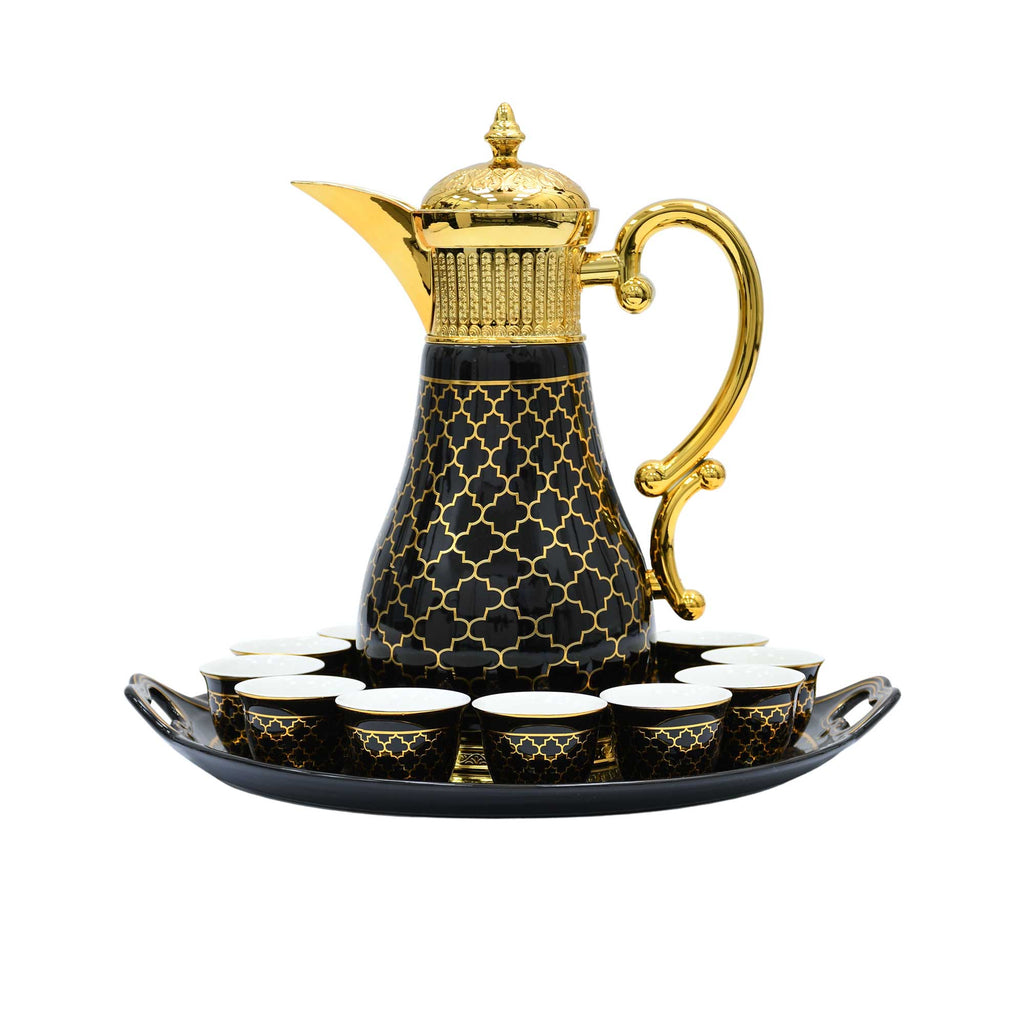Casablu Arabian Black Cup & Saucer 14Pcs Flask Set, 1.0L Flask, 12Pcs Cawa Cup, 1 Pc Tray 15"Inch Round
