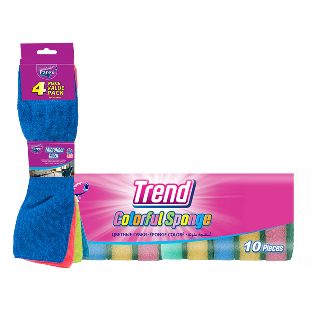 Parex Combo Pack - Trend Colorful Sponge 10 Pieces & Trend Microfibre Comfort Cleaning Cloth(38Cm X 28Cm) 4 Pieces Value Pack