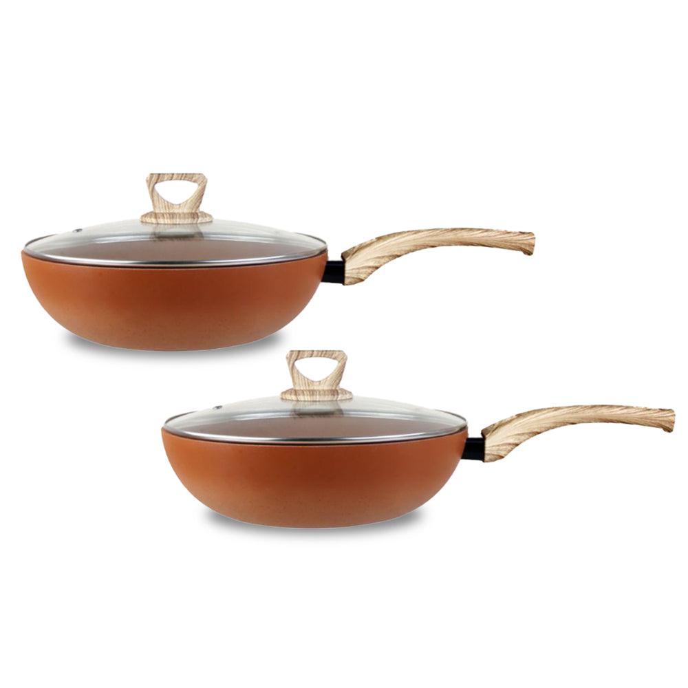 Terracotta Non-Stick Coated Forged Aluminum Induction Friendly Round Wok with Glass Lid - Orange 28 CM - (Pack Of 2)