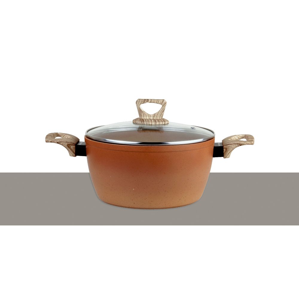 Terracotta Non-Stick Coated Forged Aluminum Induction Friendly Round Casserole Pan with Glass Lid - Orange 24 CM - (Pack Of 2) - Billjumla.com