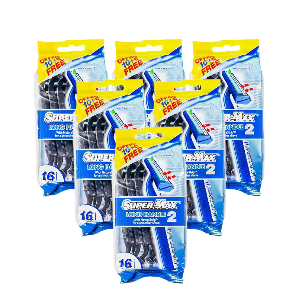 Super Max Long Handle Disposable Razors 16 Pieces in 1 Pouch - (Pack of 6 Pouches) - Billjumla.com