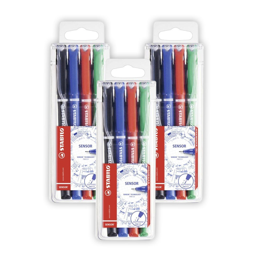 STABILO SENSOR fineliner with cushioned tip - wallet of 4 colors black, blue, red, green (pack of 3)
