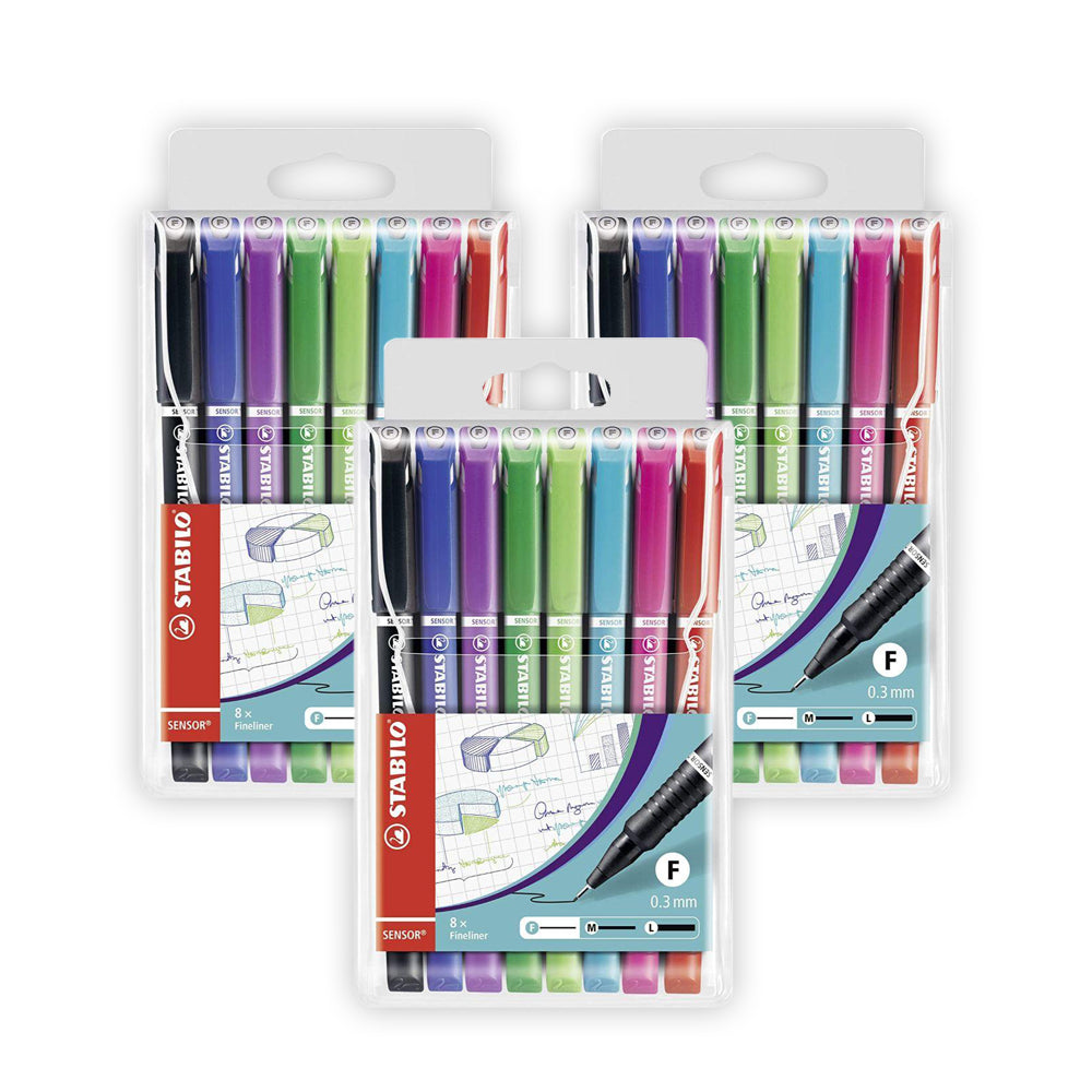 مجموعة أقلام فاينلاينر بمستشعر ستابيلو، 8 ألوان (عبوة من 3 قطع)