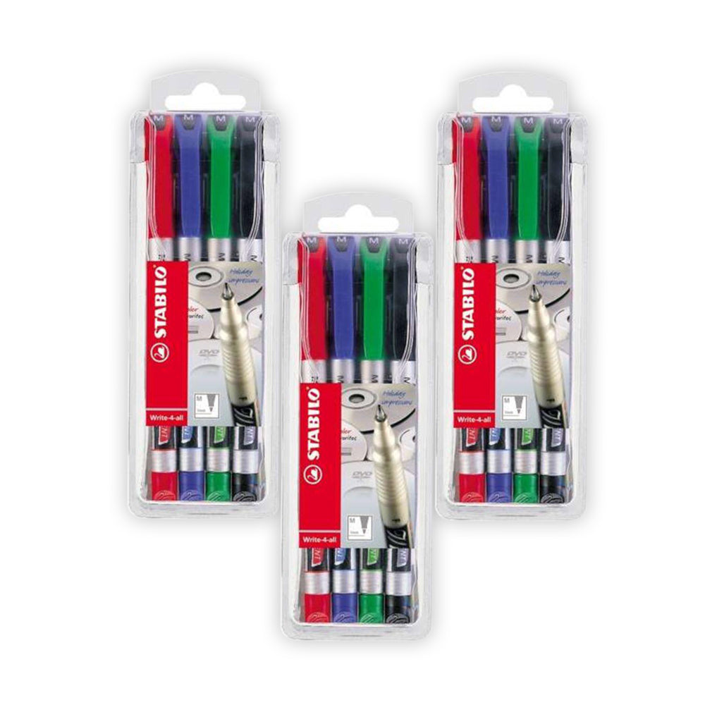 STABILO Write-4-all permanent marker pen - wallet of 4 colors medium (pack of 3)
