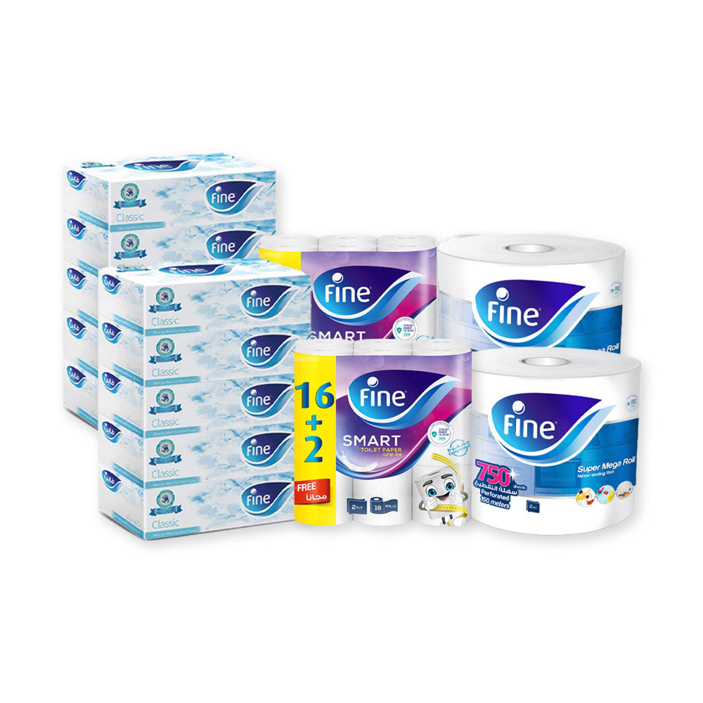 Fine Apartment Pack - 10 Tissue Boxes, 2 Household Rolls & 36 Toilet Rolls
